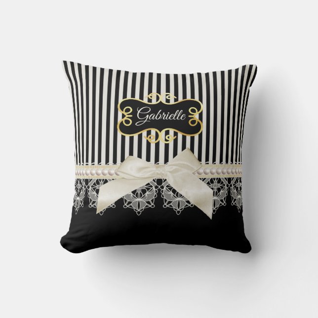 Coussin Perles et dentelle Black Stripes Crème Bow Gold No (Recto)