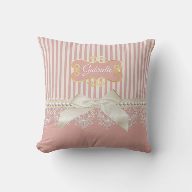 Coussin Perles et dentelle rose rayures crème Bow et nom (Recto)