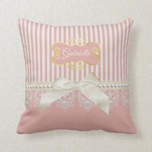 Coussin Perles et dentelle rose rayures crème Bow et nom