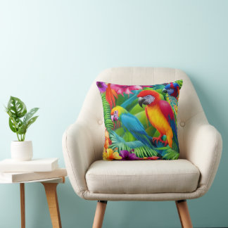 Coussin Perroquet 3 Oiseaux Floral tropical palmiers bleu
