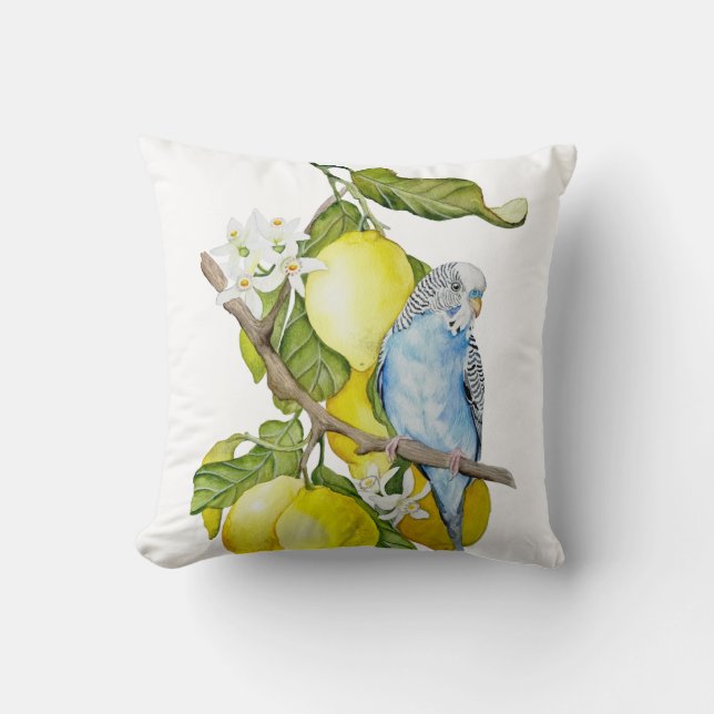 Coussin Perroquet bleu dans l'arbre à citrons - Art botani (Recto)