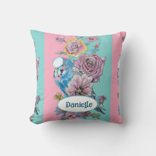 Coussin Perroquet Bleu Oiseau Rose Florale Rose Aqua Nom d