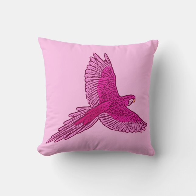Coussin Perroquet en vol, Fuchsia et rose glace (Recto)