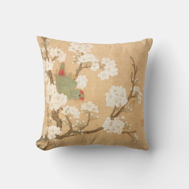 Coussin Perroquet Et Fleurs De Poires Chinoises Orientales (Recto)
