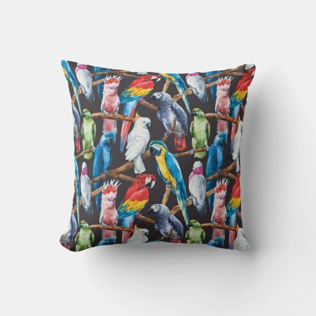 Coussin Perroquet : papier peint d'aquarelle tropicale. (Recto)