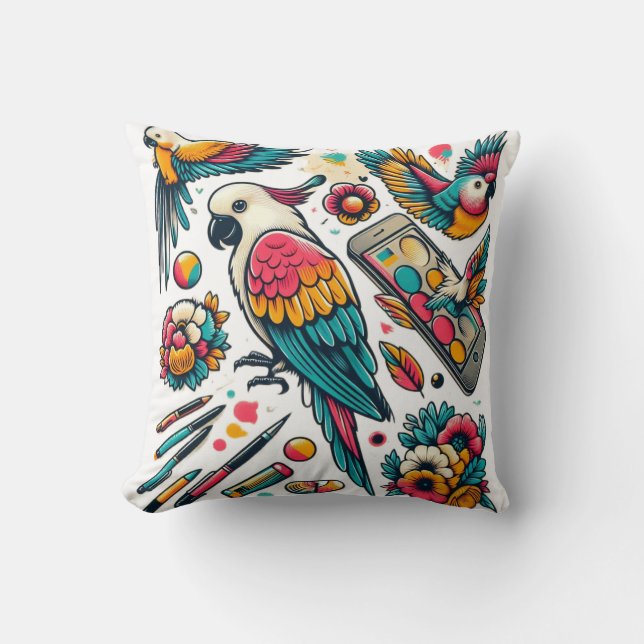 Coussin Perroquets colorés Art tropical (Recto)