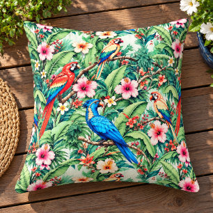 Coussin Perroquets tropicaux et hibiscus dans la jungle