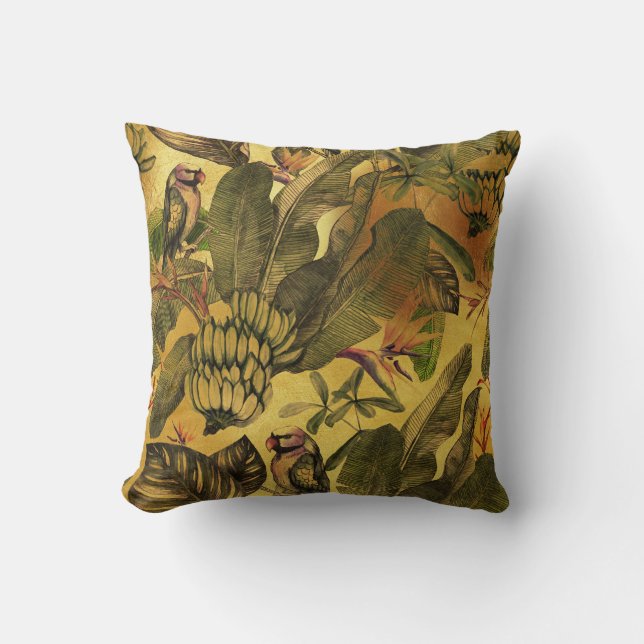 Coussin Perroquets tropicaux vintages et feuille (Recto)