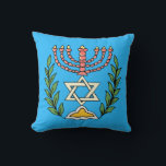 Coussin Persian Magen David Menorah<br><div class="desc">Cette image a été adaptée à partir d'un carrelage juif perse antique et présente une menorah avec un Magen David (Étoile de David) encadré de branches d'olivier. Les imperfections de l'image originale peinte à la main ont été conservées.</div>