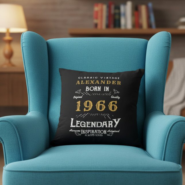 Coussin Personalized 60th Birthday Born 1966 Legend Black (Born 1996 throw pillow in an armchair.)