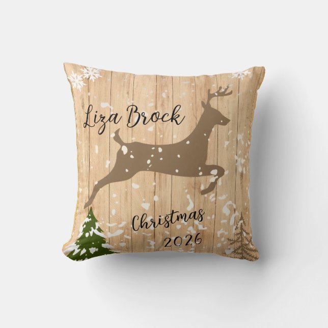 Coussin Personalized doe Christmas bauble wooden backgroun (Recto)