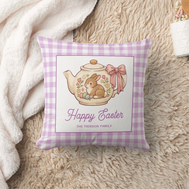 Coussin Personalized Easter Bunny Teapot Gingham Family (Couverture)