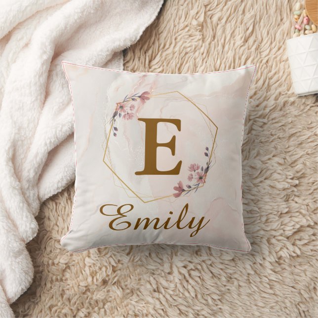 Coussin Personalized Girl Initial & Name Monogram Floral (Couverture)