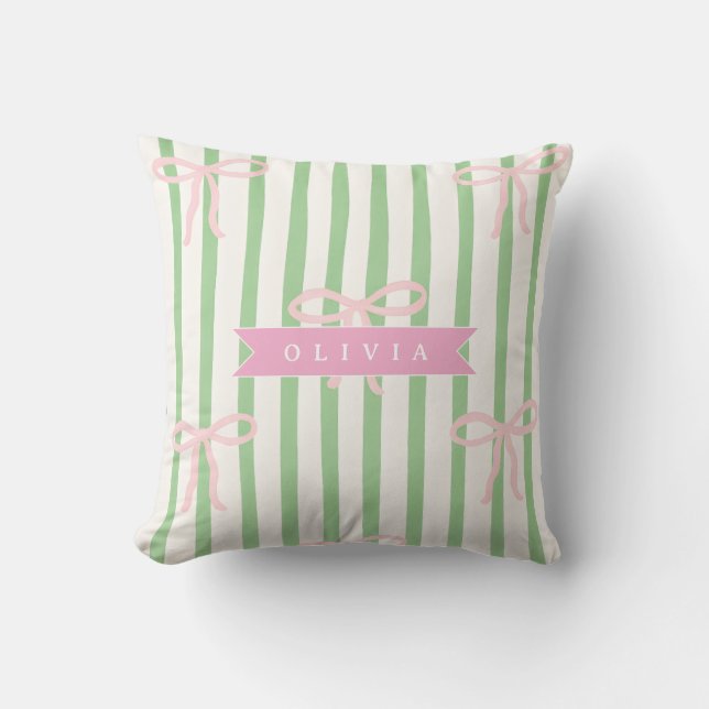 Coussin Personalized Girly Coquette Green Stripe Bow (Recto)