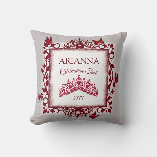 Coussin Personalized Gray, Burgundy Red Tiara, Butterfly (Recto)