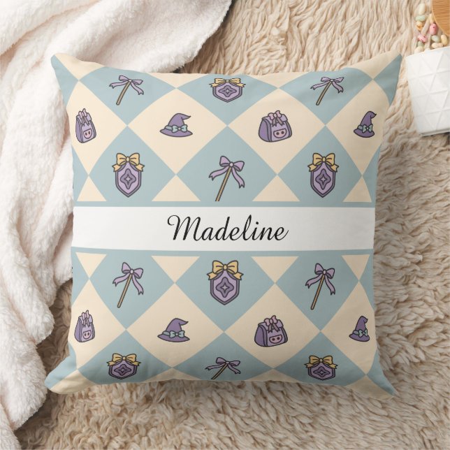 Coussin Personalized Magical Girl Name Blue Checkered (Couverture)
