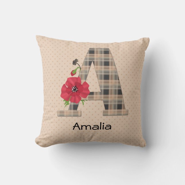Coussin Personalized monogram editable A text red flower f (Recto)