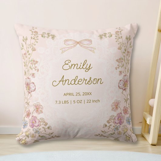 Coussin Personalized Name Birth Stats Watercolor Floral