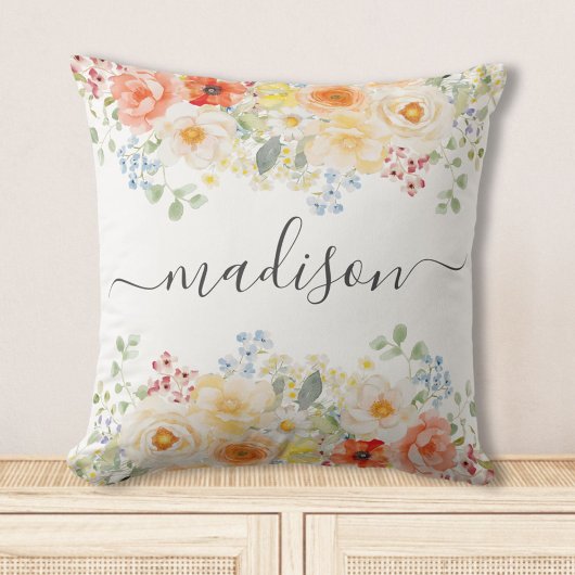 Coussin Personalized Name Monogram Watercolor Sunny Floral