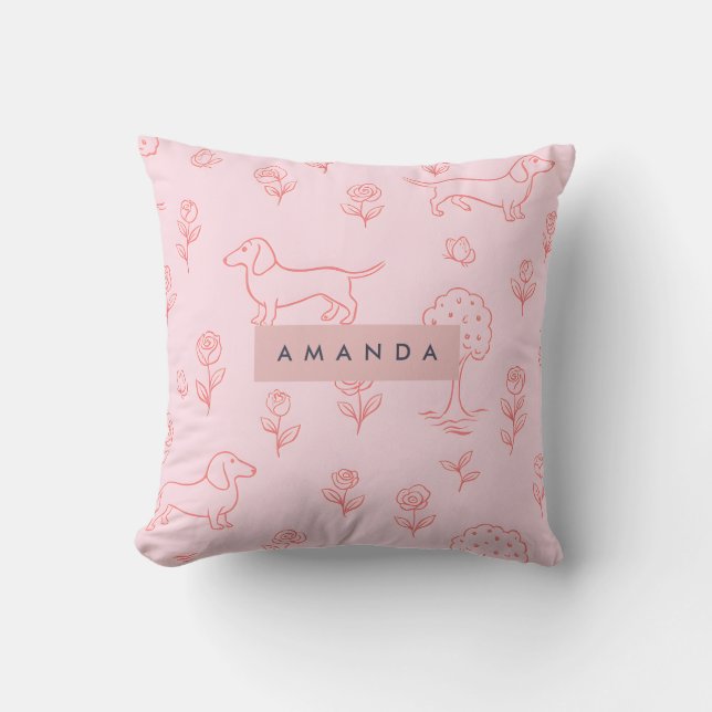 Coussin Personalized Pink Dachshund and Flower (Recto)