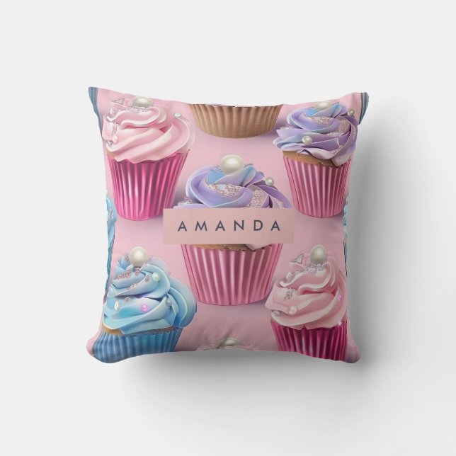 Coussin Personalized Whimsical Pastel Cupcake Dreams (Recto)
