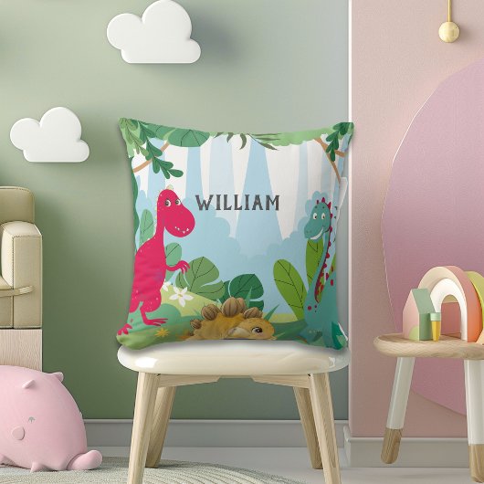 Coussin personnalisé avec nom de dinosaure mignon 