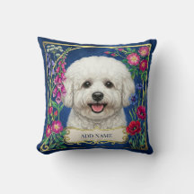 Coussin personnalisé Bichon Frise floral bleu