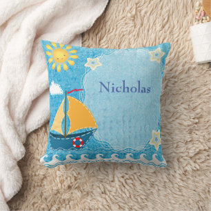 Coussin Personnaliser Bright Yellow Sun Blue Sail Boat
