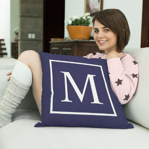 Coussin Personnaliser du texte monogramme sur bleu marine