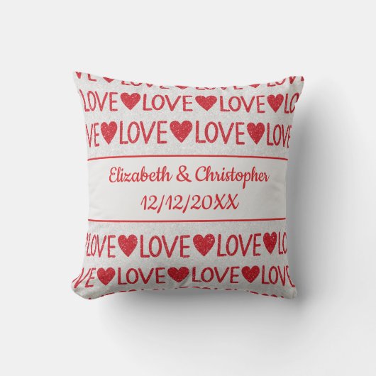 Coussin Personnaliser Red White Love Hearts Mariage Date (Recto)