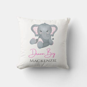 Coussin Personnalisez Rêvez Grand Éléphant Rose Gris Bébé