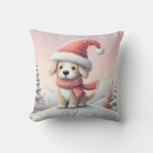 Coussin Petit chiot de Noël en chapeau santa