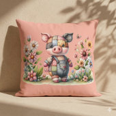 Coussin Petit Cochon Patchwork dans un Jardin Fleuri