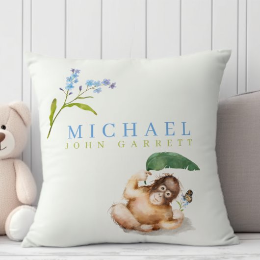 Coussin Petit garçon mignon singe pastel bleu floral pépin
