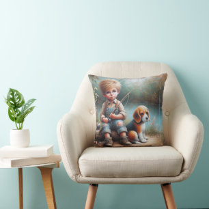 Coussin Petit Garçon Pêche Avec Son Beagle