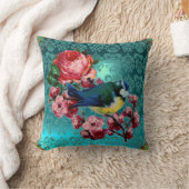 COUSSIN PETIT OISEAU ET ROSES ROSES ROSES ROSES AQUA BLEU, (Couverture)