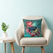 COUSSIN PETIT OISEAU ET ROSES ROSES ROSES ROSES AQUA BLEU, (Chaise)