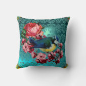 COUSSIN PETIT OISEAU ET ROSES ROSES ROSES ROSES AQUA BLEU, (Verso)