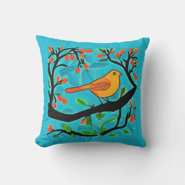 Coussin Petit oiseau orange sur une branche de fleurs (Recto)