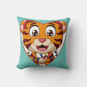 Coussin Petit tigre enveloppé de lumières de Noël mignon d