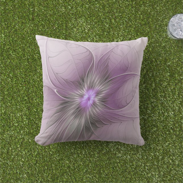 Coussin Petite Beauté Moderne Gris Mauve Art Fractal Fleur (Herbe)