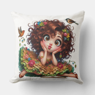 COUSSIN PETITE FILLE AMUSANTE AVEC ROBE FRILLÉE ET OISEAUX