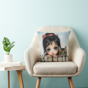 Coussin Petite Fille avec Grands Yeux et Chat de Compagnie