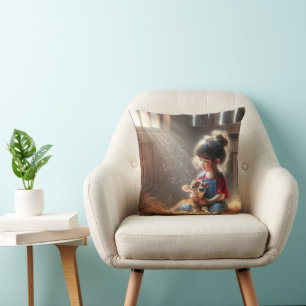 Coussin Petite Fille Avec Un Veau Dans Les Poutres De Sole