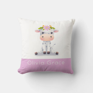 Coussin Petite fille Bébé Vache portant une couronne de fl