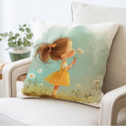 Coussin Petite fille mignonne avec Fleurs Coussin, Whimsic
