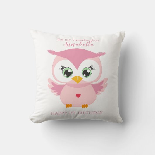 Coussin Petite-fille Premier Anniversaire Chouette Rose Mi (Recto)
