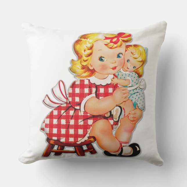 Coussin Petite fille rétro vintage poupée enfant (Recto)