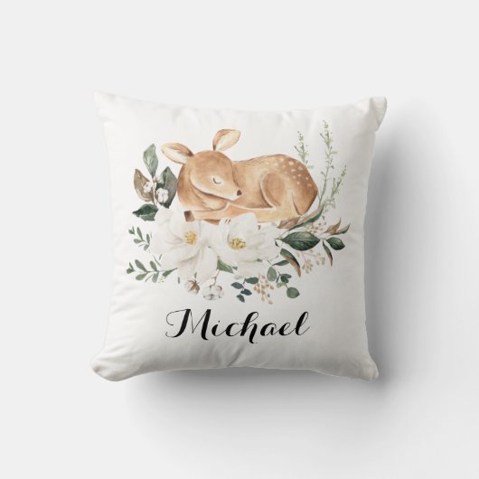 Coussin Petite Forêt Faune Cerf Magnolia Pépinière verte (Recto)