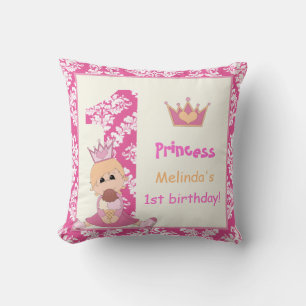 Coussin Petite princesse, filles 1er anniversaire damas ro